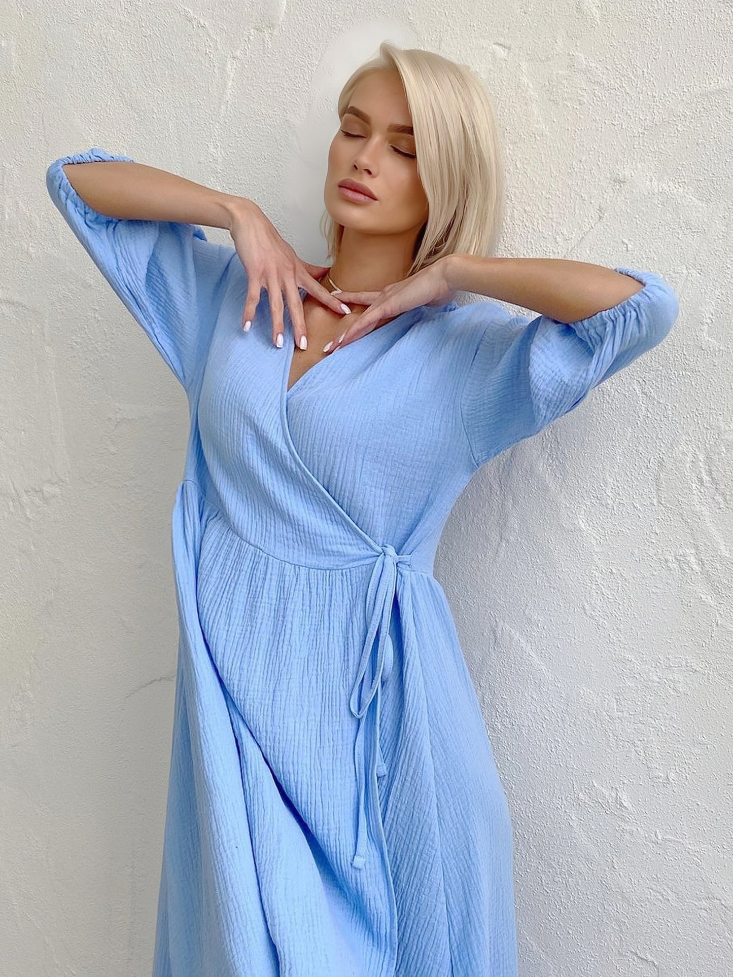 Wrap Dress V-Neck Half Sleeves Belted Casual Summer Midi Dresses