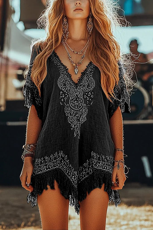 Unique Printed V-Neck Short Sleeve Fringe Loose Mini Dress