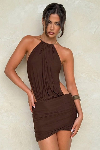 Halter Metal Ring Choker Side Cutout Ruched Bodycon Mini Dress