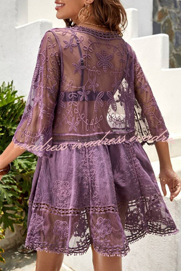 Lace V Neck Hollow Short Sleeved Cover Up