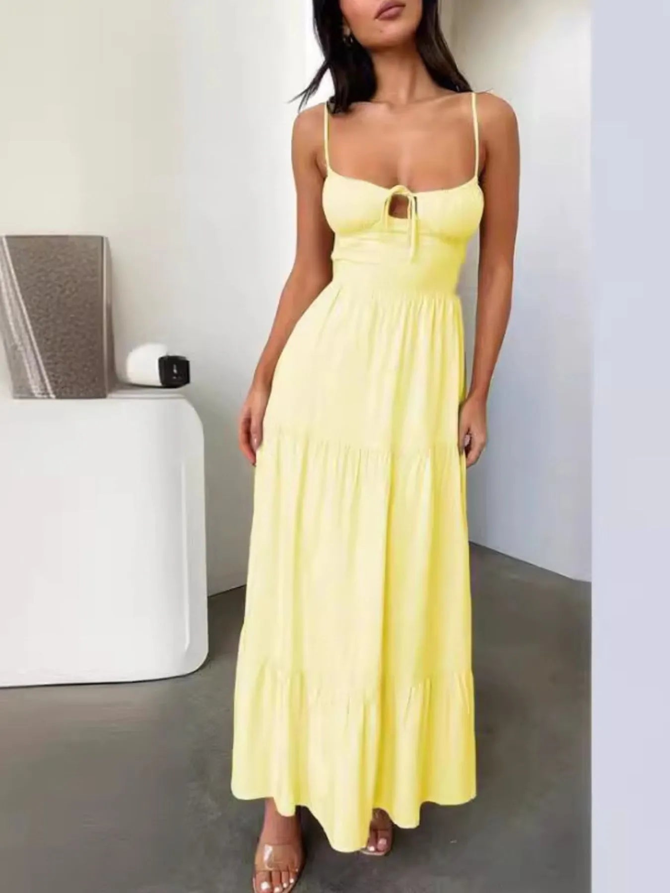 Spaghetti Strap Keyhole Tie Bust Tiered A-Line Maxi Dress