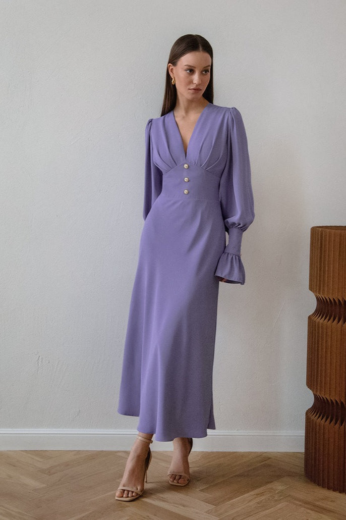 | Lantern Sleeve V-Neck Bodycon Maxi Dress