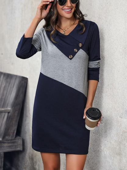 Patchwork Dress V-Neck Long Sleeves Buttons Day Mini Dresses