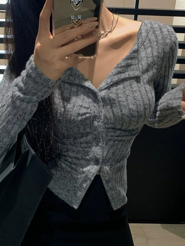 Lapel Neck Ruched Slim Long Sleeve Knit