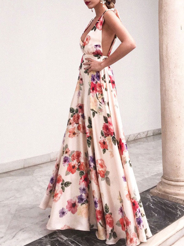 Floral Maxi Dress White V Neck Backless Chiffon Boho Summer Dress