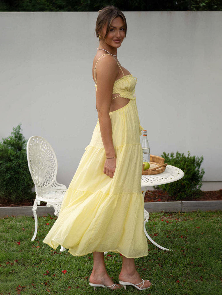 White Dress Tiered Spaghetti Strap Cutout Lace Up Summer Casual Midi Dresses