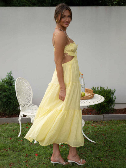 White Dress Tiered Spaghetti Strap Cutout Lace Up Summer Casual Midi Dresses