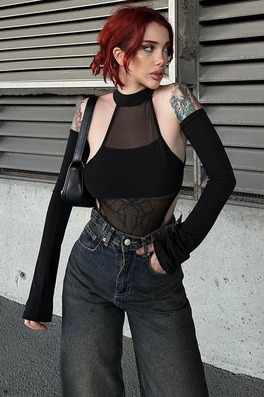 Mesh Cutout Stretch Long Sleeve Sexy Bodysuit