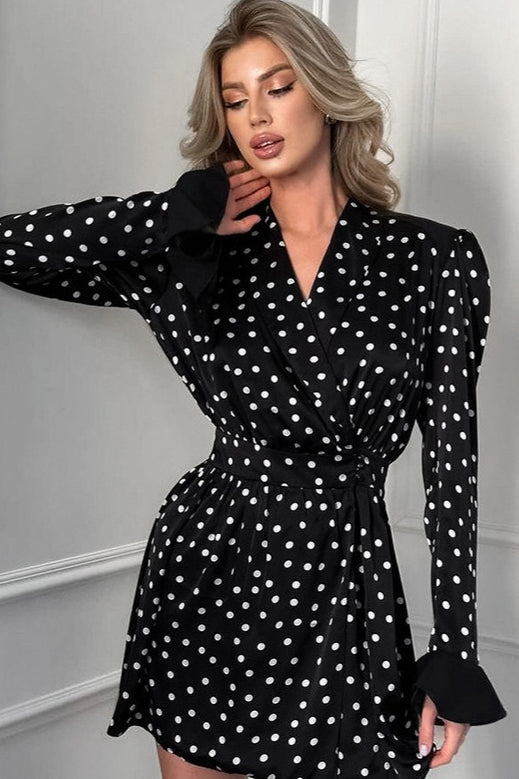 Polka Dot Wrap V Neck Puff Shoulder Ruffle Cuff Tie Waist Satin Mini Dress