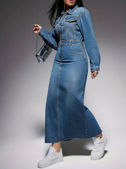 Denim Button-Front Chest Pocket Belted Column Maxi Dress