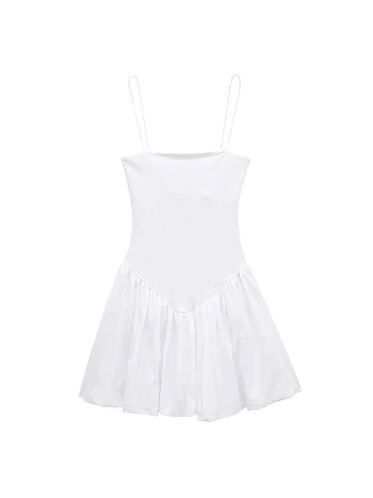 Square Neck Spaghetti Strap Drop Waist Bubble Hem Poplin Mini Dress