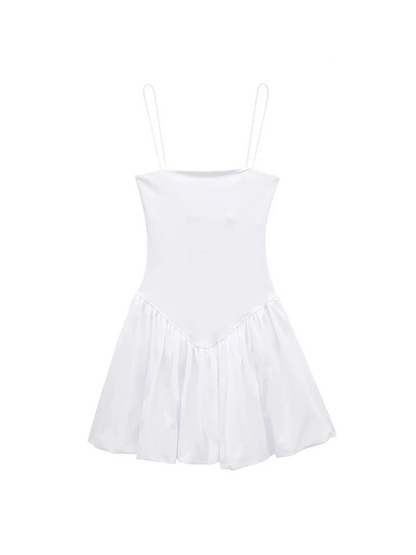 Square Neck Spaghetti Strap Drop Waist Bubble Hem Poplin Mini Dress