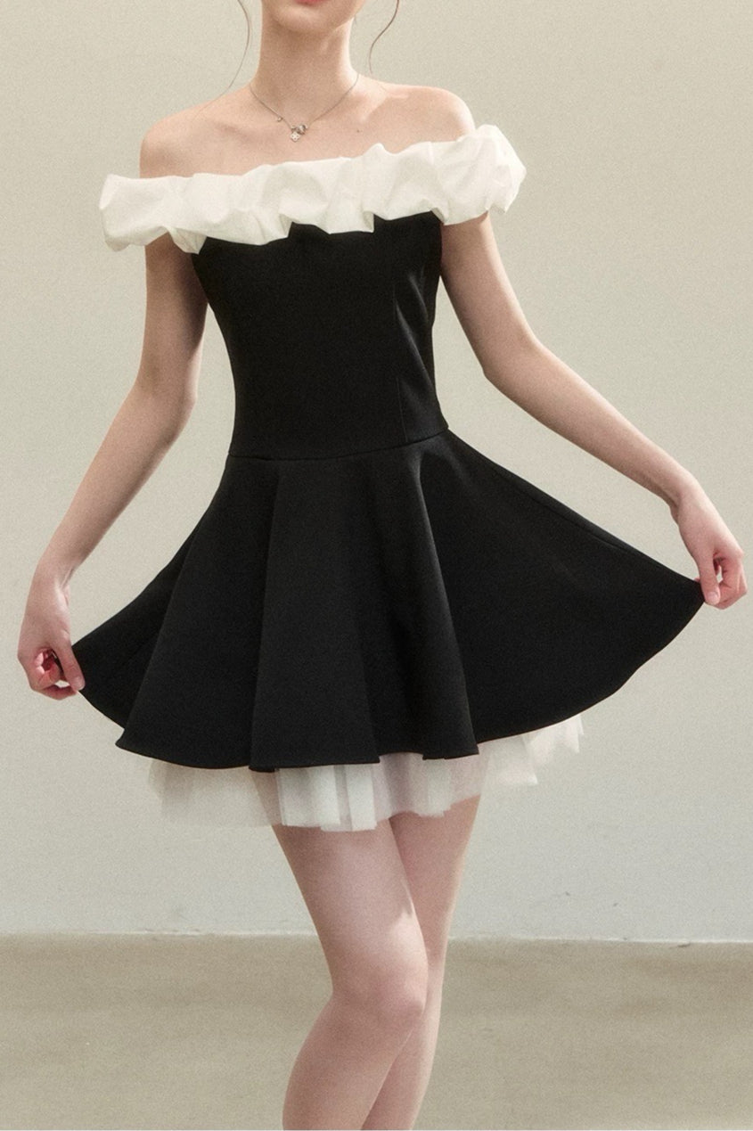 Off Shoulder Ruffle Trim Contrast Panel Pleated Skater Mini Dress
