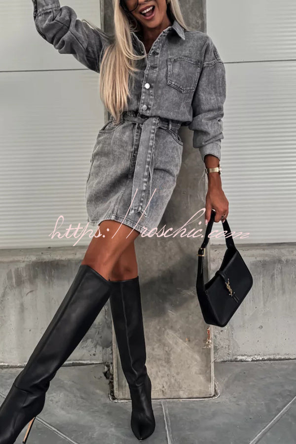 Adele Denim Button Up Belt Pocketed Long Sleeve Mini Dress
