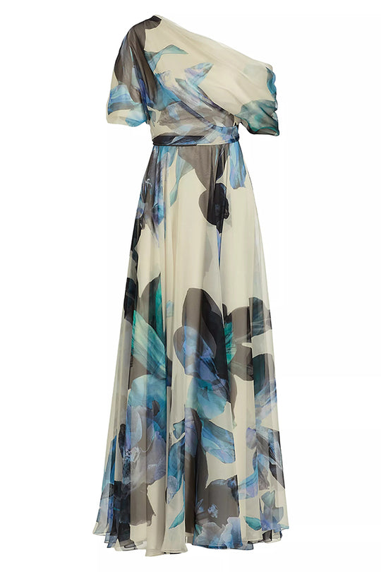 Floral Print One Shoulder Draped Sleeve Belted Pleated Maxi Dress