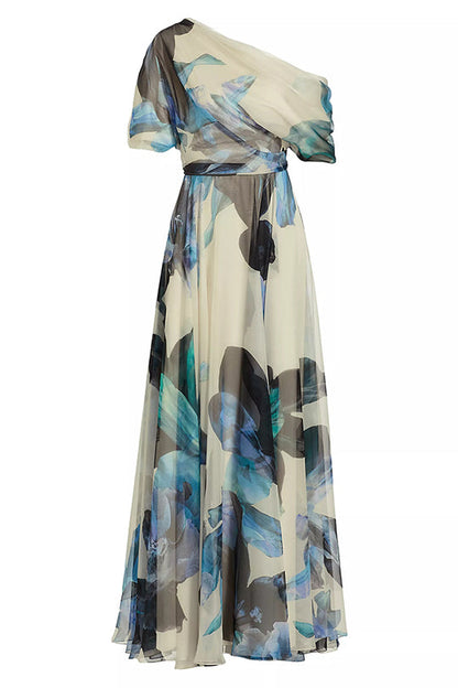 Floral Print One Shoulder Draped Sleeve Belted Pleated Maxi Dress