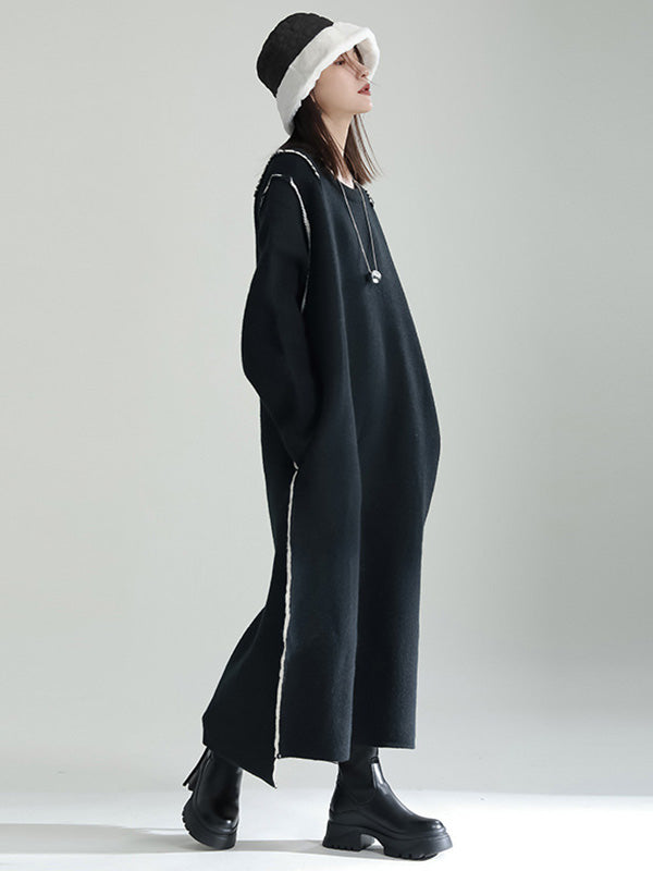 Casual Long Sleeves Loose Solid Color Round-Neck Sweater Dresses