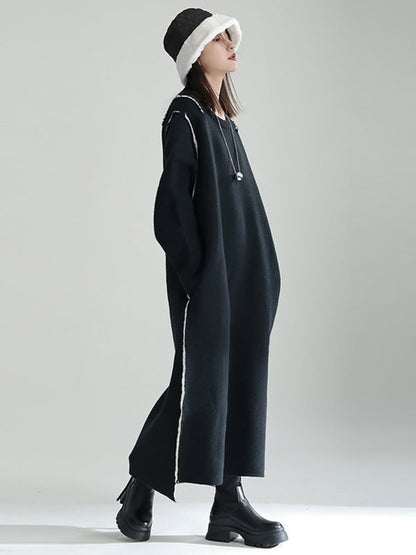 Casual Long Sleeves Loose Solid Color Round-Neck Sweater Dresses