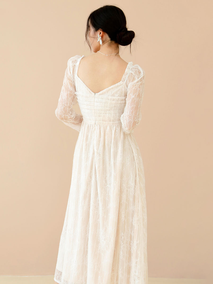 Lace Prom Dress Long Sleeves White Bridal Wedding Midi Dress