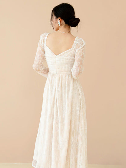 Lace Prom Dress Long Sleeves White Bridal Wedding Midi Dress