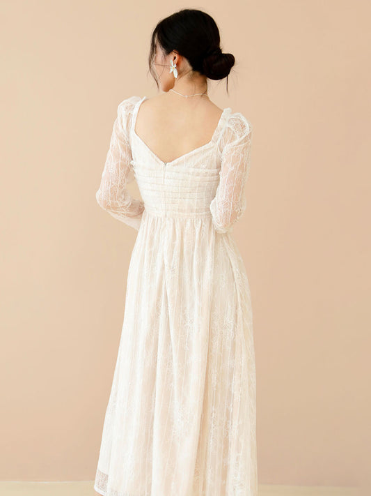 Lace Prom Dress Long Sleeves White Bridal Wedding Midi Dress