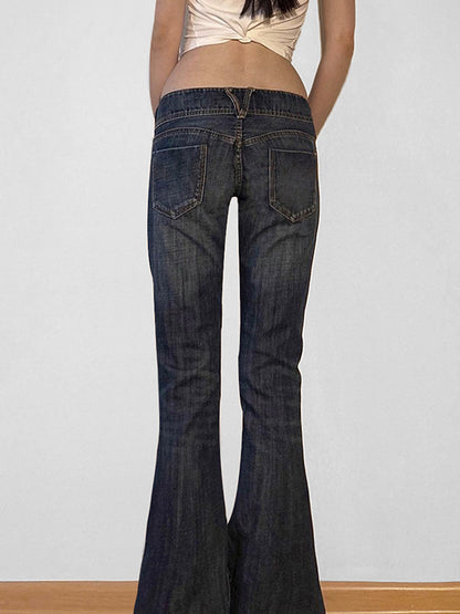 Aged Washed Low Rise Flare Jeans