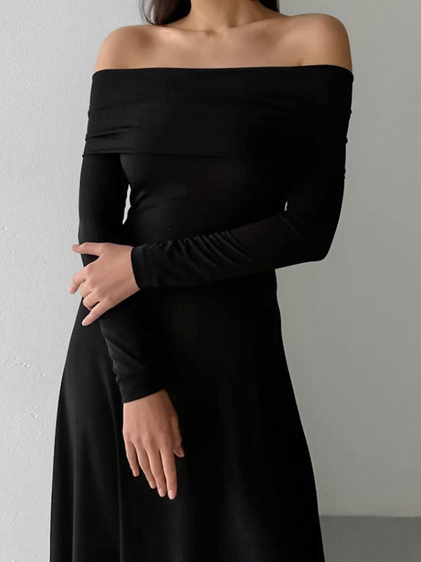 High Waisted Long Sleeves Solid Color Off-The-Shoulder Maxi Dresses