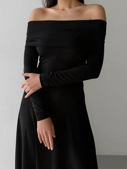 High Waisted Long Sleeves Solid Color Off-The-Shoulder Maxi Dresses