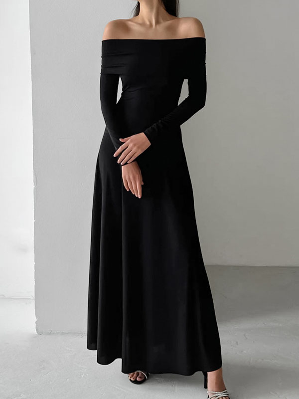 High Waisted Long Sleeves Solid Color Off-The-Shoulder Maxi Dresses