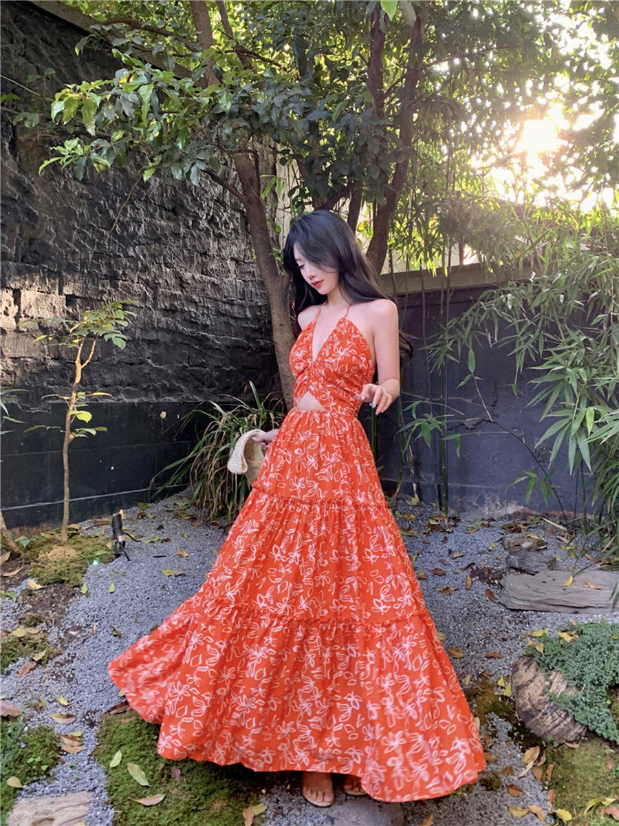 Bohemian Floral Halter Maxi Dress – Exotic Vacation Look