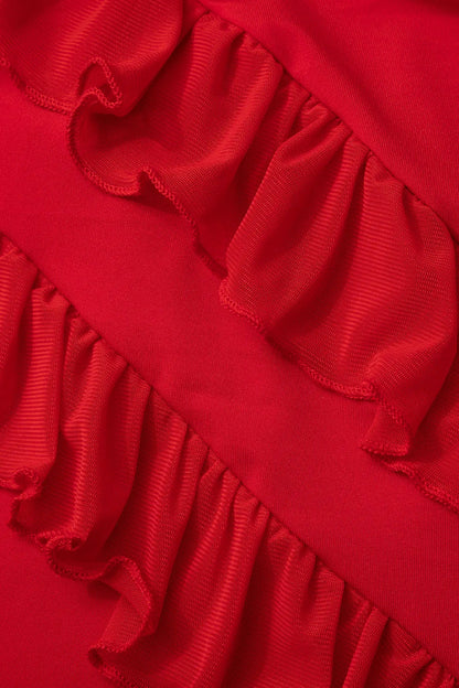Heisel Red Ruffle Trim Slit Sleeveless Maxi Party Dress
