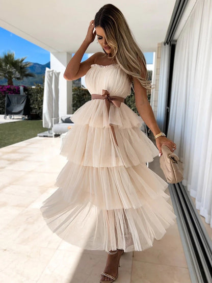 Tulle Ruffles Dress Off The Shoulder Layered Belted Party Maxi Dresses