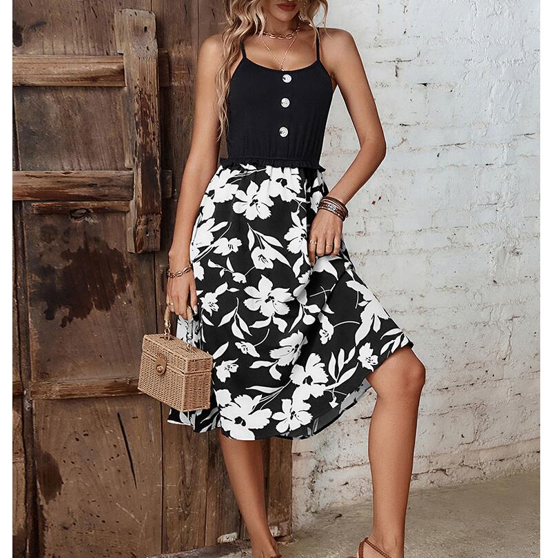Floral Splice Sling A-line Midi Dress in Multiple Colors
