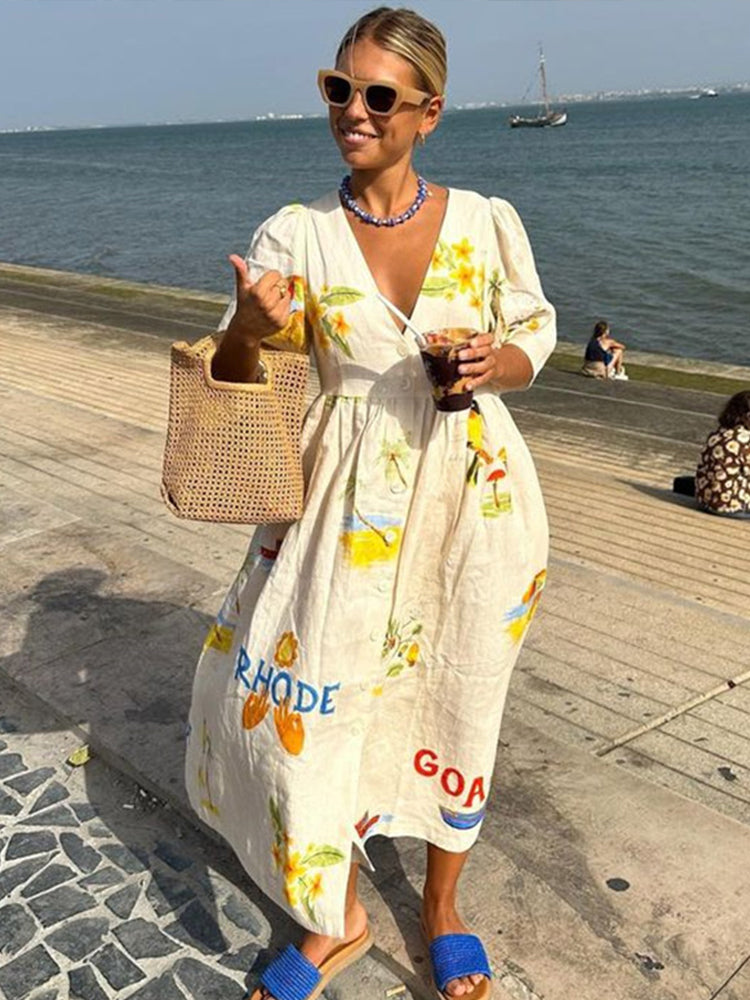 Deep V-Neck Puff Sleeve Button Front Tropical Print Midi Dress