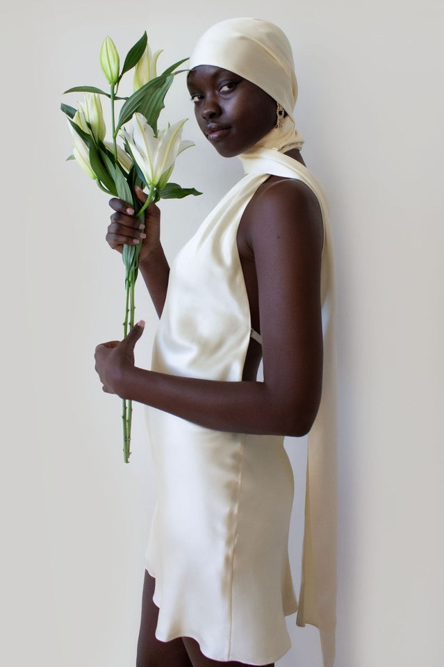 Halter Cowl Back Cross Strap Satin Mini Dress