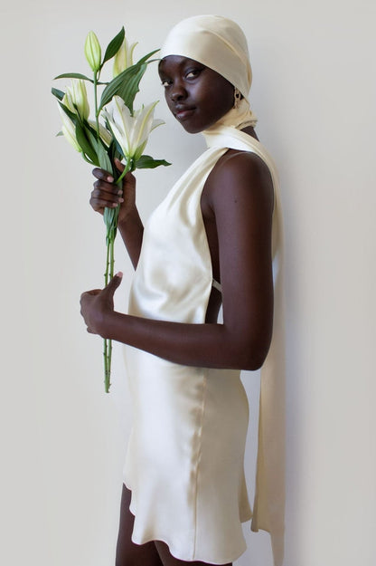 Halter Cowl Back Cross Strap Satin Mini Dress