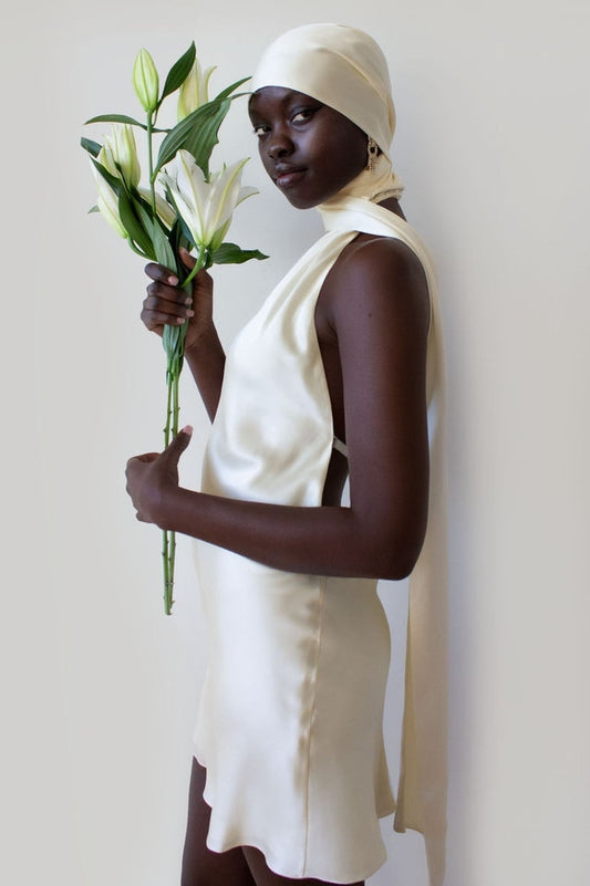 Halter Cowl Back Cross Strap Satin Mini Dress
