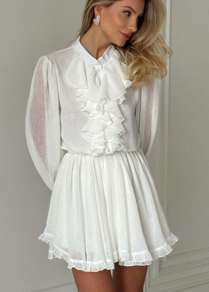 High Neck Ruffle Button Front Lantern Sleeve Mini Dress