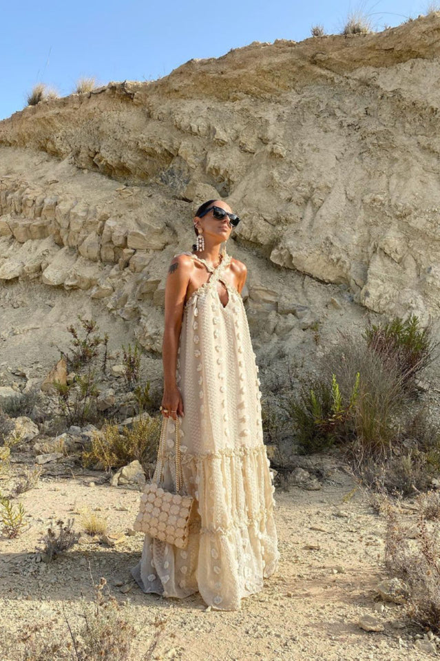 3D Floral Applique Halter Crisscross Tiered Maxi Dress