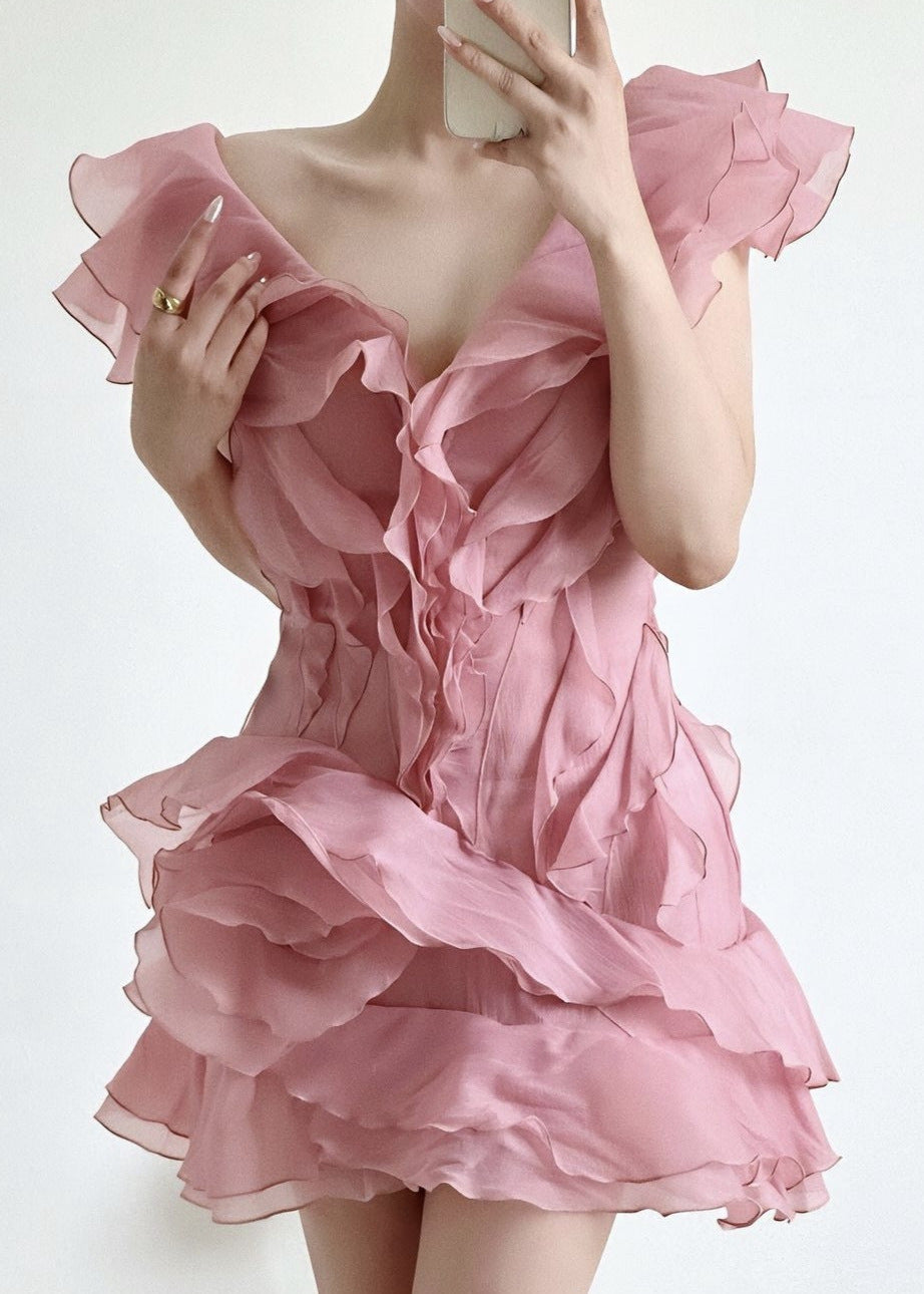 Deep V Neck Tiered Organza Ruffle Overlay Fit and Flare Mini Dress