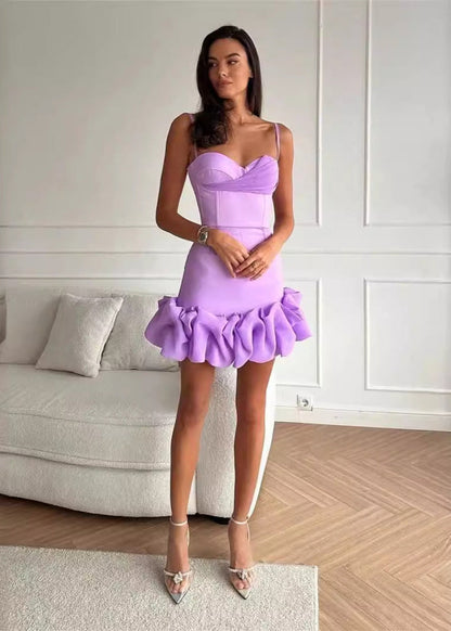 Sweetheart Neck Corset Draped Crossover Bust Ruffle Hem Bodycon Mini Dress