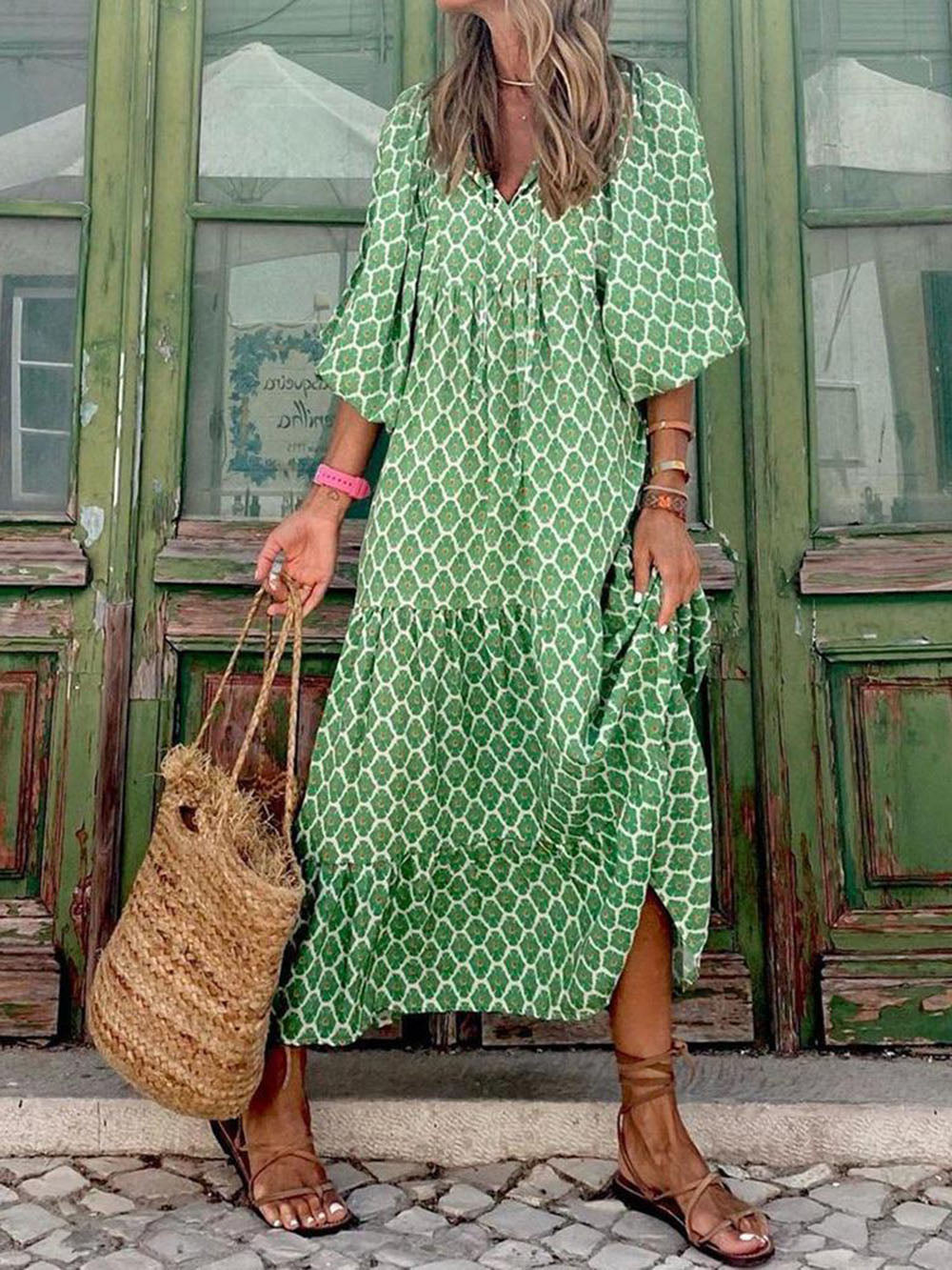 Deep V Neck Puff Sleeve Tiered Honeycomb Lattice Print Maxi Dress