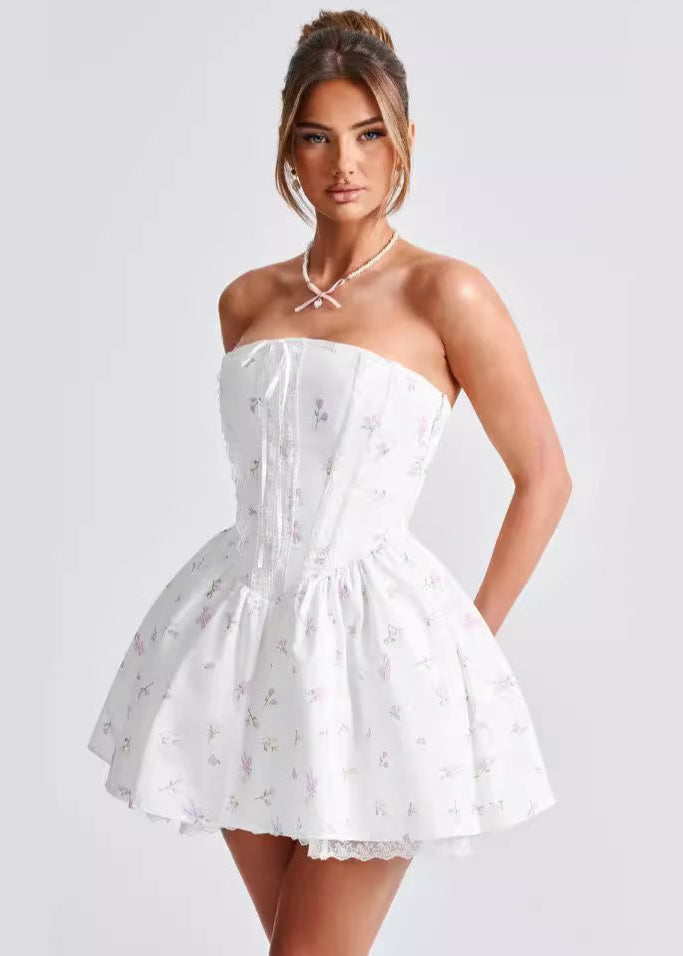 Strapless Corset Lace Trim Ditsy Floral Fit and Flare Mini Dress
