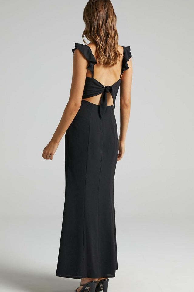Deep V Neck Ruffle Strap Princess Seam High Slit Maxi Dress