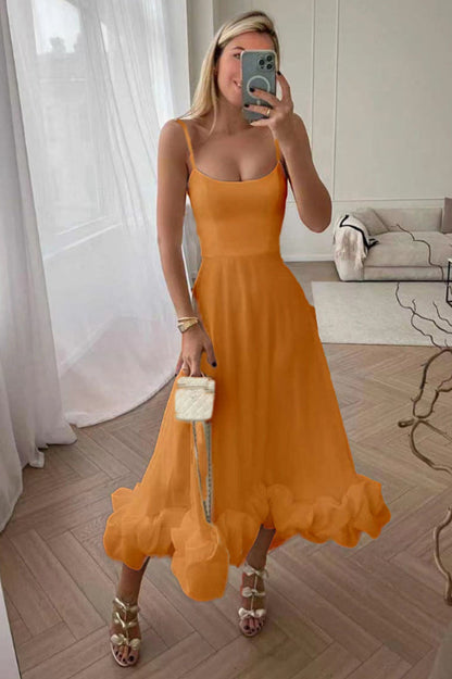 Corset Bustier Scoop Neck Spaghetti Strap Flounce Hem Midi Dress