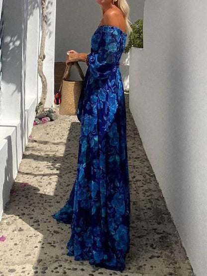 Off Shoulder Balloon Sleeve Large Floral Print Maxi Dress