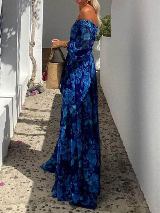 Off Shoulder Balloon Sleeve Large Floral Print Maxi Dress