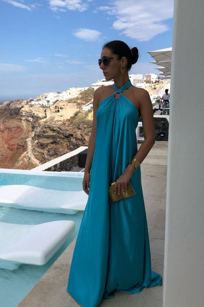 Halter Neck Metal Ring Gathered Pleat A-Line Maxi Dress