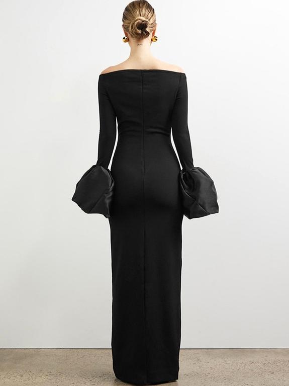 Off Shoulder Long Sleeve Balloon Cuff Column Maxi Gown