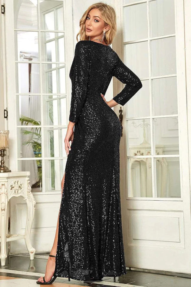 Deep V Wrap Front Long Sleeve Sequin High Split Maxi Gown